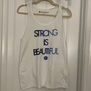 Pure Barre White Tank Top with Blue Strong is Beautiful Print